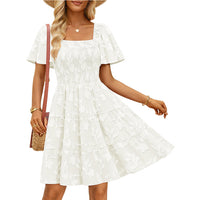 Short-sleeve Square-neck Flowy Floral Dress