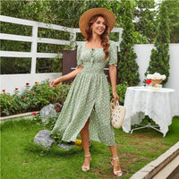 French-style Floral Print Womens Waist-Cinching Figure-Flattering Square-Neck Puff-Sleeve Midi Dress