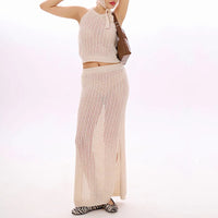 Womens Knitted Crew-Neck Vest And Long Skirt Set For Women