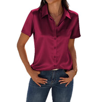 Solid-color Fashionable Short-sleeve Lapel Shirt Top Womens Clothing
