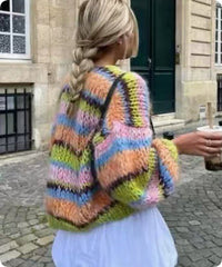 Women's Striped Long Sleeve Rainbow Plaid Cardigan Sweater