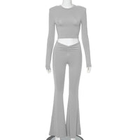 European And American Solid Color Padded Shoulder Long Sleeve Top High Waist Trousers Suit