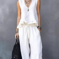 V-neck Sleeveless Ruffled Hem Dark Gray Casual Set
