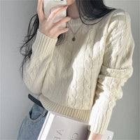 Japanese Sweater Preppy Style Short Cable-knit Sweater Round Neck Long Sleeve