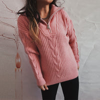 Twist Vertical Stripes Zipper And Lapel Long Sleeve Sweater