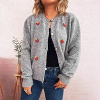 Cute Strawberry Jacquard Knitted Cardigan Round Neck Long Sleeve Sweater