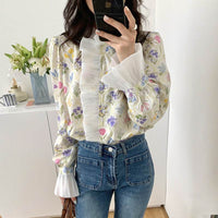 French Romantic Turtleneck Patchwork Ruffled Color Printing Design Flare Sleeve Shirt