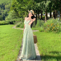 French-style Vacation-Ready Mint Green Floral Slip Dress For Women