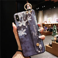 Compatible with Apple , Phone Case Vintage Floral Painted Embossed Wrist Strap