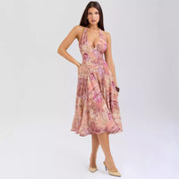 Resort-style Backless Printed V-Neck Halter Dress