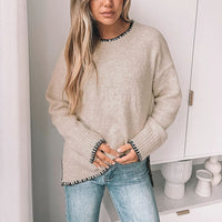 Simple Commute Leisure Pullover Trim Round Neck Knitted Sweater