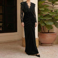 Elegant Black Lace-trimmed Cinched-waist Pleated Dress
