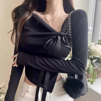 Fashionable Sexy Off-Shoulder Bow-Trimmed Asymmetrical Hem Long-Sleeve Top And Pants Set