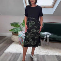 European And American Style Fashionable Patchwork Printed Crew-Neck Midi Dress
