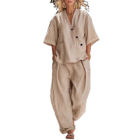 V-neck Loose-fit Short-sleeve Top And High-waist Trousers Two-piece Set