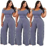 Womens Striped Printed Wide-Neck Short-Sleeve Fashionable Loose Casual Set
