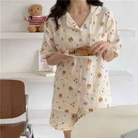 Pure Cotton Bear Head Loungewear Short Sleeve Cardigan Set