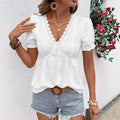 Women's Casual Solid Color Lace-trimmed V-neck T-shirt Top