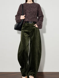 Womens Green Corduroy Casual Pants Wide-leg Style