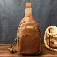 Mens Full-Grain Shoulder Casual Minimalist Chest Bag Large Capacity Genuine Leather