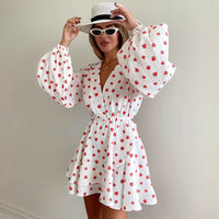 New Strawberry-Print V-Neck Lantern-Sleeve Dress