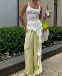 White Fitted Ruffled Ribbon Irregular Vest