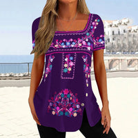 Printed Button-Front Slit Short-Sleeve Top T-Shirt Womens