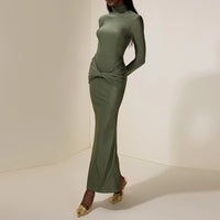 Womens High-neck Green Pleated Sheath Long-sleeve Dress