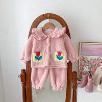 Girls' Autumn And Winter Thickened Velvet Home Clothes Warm Pajamas Set