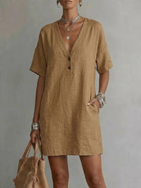Casual Comfortable Cotton-Linen Pocket Dress With Buttons