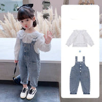 Girls Denim Overalls And Lace Shirt Two-piece Suit