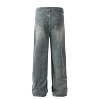 Mens High-Street Washed Distressed Loose Straight-Leg Pants