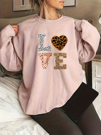 Round Neck Leopard Print Love Plus Size Sweater For Girls