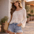 Womens Loose-Fitting Knitted Hollow-Out Crochet Blouse