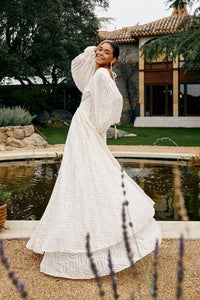Womens Long-Sleeve Extra-Large Flared Pleated Lantern-Sleeve Dress