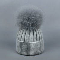 Fox Fur Warm Winter Hat With Ball For Women Child Girl Wool Thick Knitted
