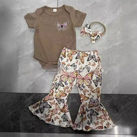 Girl Butterfly Short Sleeved Kazakhstan Bell-bottom Pants Suit Khaki