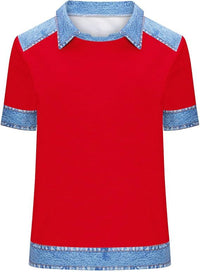 Denim Patchwork Crew Neck Short-sleeve Loose Casual Everyday Versatile