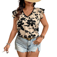 Retro Floral Print V-neck Lace Trim Peplum Blouse