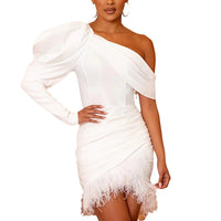 Draped Feather Dress With A Bias Shoulder