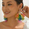 Bohemian Handmade Fabric Chiffon Flower Dangle Earrings For Women Tropical Beach Vacation Party Oversized Statement Jewelry