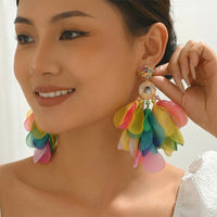 Bohemian Handmade Fabric Chiffon Flower Dangle Earrings For Women Tropical Beach Vacation Party Oversized Statement Jewelry