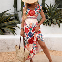 Printed Flared Maxi Dress With Long Sleeves And Lace-Up Waist Casual Style