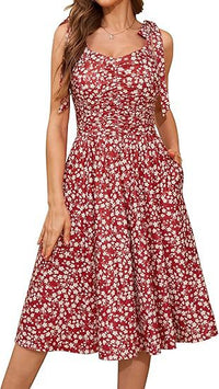 V-Neck Elegant Floral Print Waist-Cinching Lace-Up A-Line Dress Womens Wear