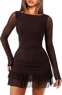 Womens Tight-Fitting Ruffled Mesh Elegant Cocktail Dress