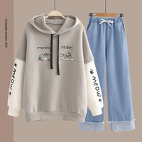 Spring Women's Clothing Student Hoodie Set Preppy-style Straight-leg Pants