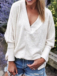 Womens Casual V-Neck Long-Sleeve Pullover Loose Solid Color Multi-Color Top Sweatshirt