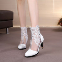 Women's Leather Mid-high Heel Hollow Lace Heel Short Boots