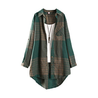 New Cotton-linen Top Retro Springfall Plaid Shirt