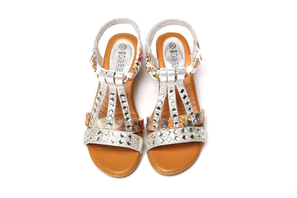 Women's Summer Flat Bottom Rhinestone Elastic Strap Sandals